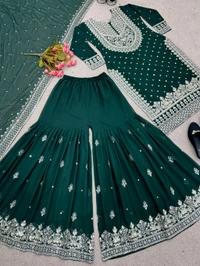 Decent Embroidery Sequence Work Black Color Sharara Suit - Deep Teal, XXL
