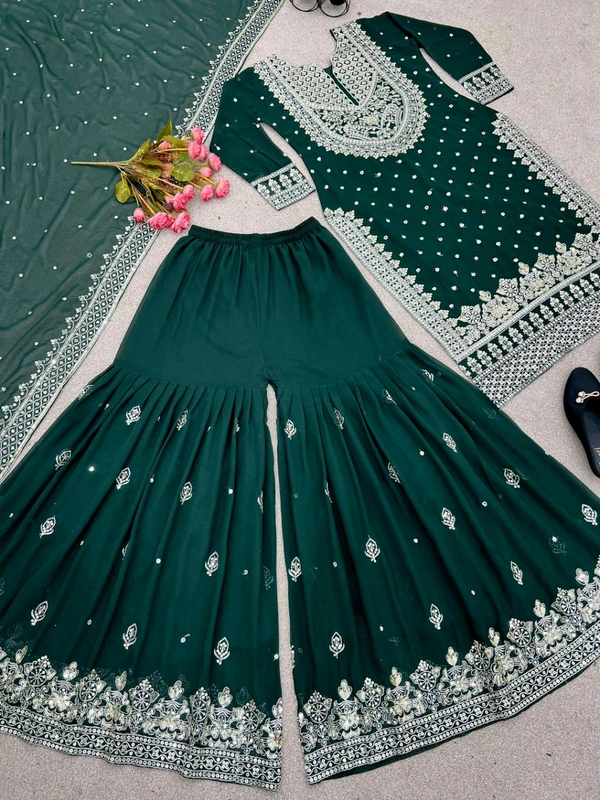 Decent Embroidery Sequence Work Black Color Sharara Suit - Deep Teal, XXL