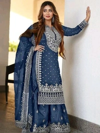 Decent Embroidery Sequence Work Black Color Sharara Suit - Chambray, XXL