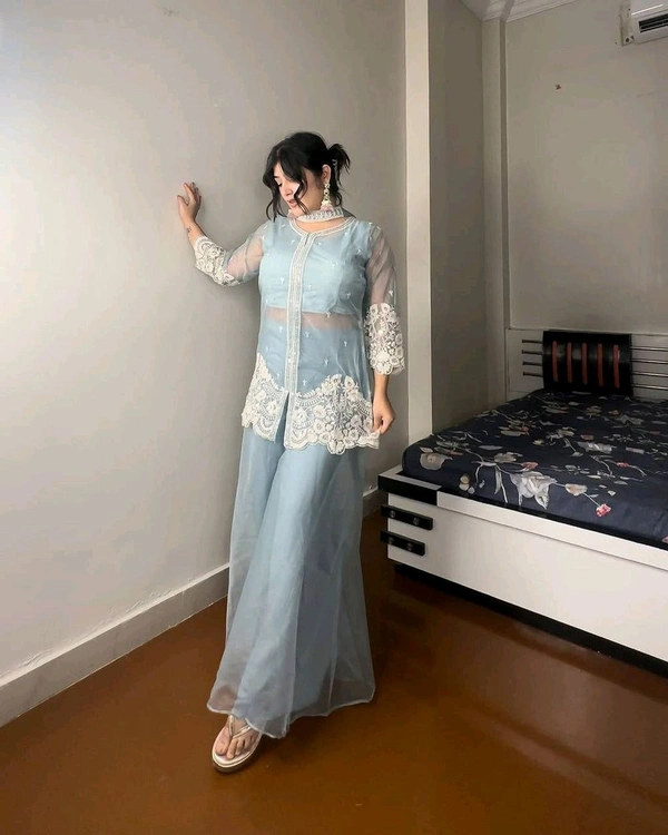 New Four Piece Indo-Western Outfit for the Trendy Wedding Season - Shadow Green, XXL