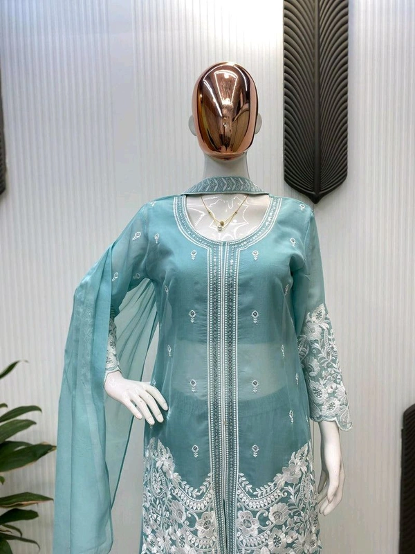 New Four Piece Indo-Western Outfit for the Trendy Wedding Season - Shadow Green, XXL
