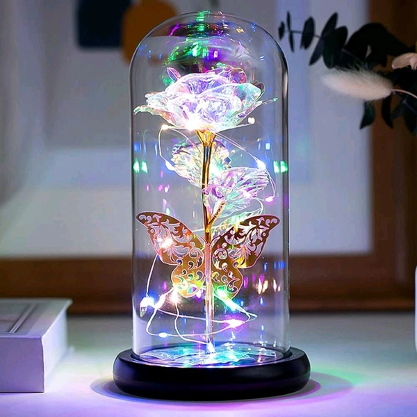 Forever Plastic Rose, Galaxy Glass Rose Flower and Butterfly with Led Light Great Gift Ideas for Valentine's Day, Mother's Day, Birthday, Anniversary, Engagement