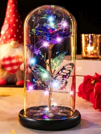 Forever Plastic Rose, Galaxy Glass Rose Flower and Butterfly with Led Light Great Gift Ideas for Valentine's Day, Mother's Day, Birthday, Anniversary, Engagement