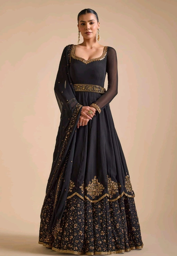Black Georgette Embroidery Sequin Floral Embellished Layered Anarkali Set - Black, L