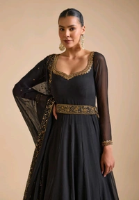 Black Georgette Embroidery Sequin Floral Embellished Layered Anarkali Set - Black, L