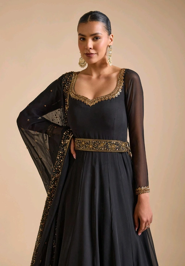 Black Georgette Embroidery Sequin Floral Embellished Layered Anarkali Set - Black, L