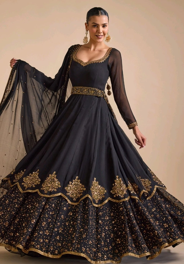 Black Georgette Embroidery Sequin Floral Embellished Layered Anarkali Set - Black, L