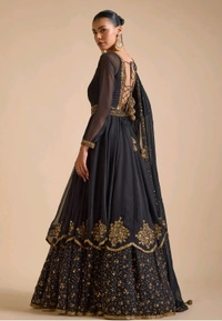 Black Georgette Embroidery Sequin Floral Embellished Layered Anarkali Set - Black, L