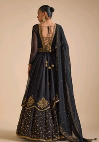 Black Georgette Embroidery Sequin Floral Embellished Layered Anarkali Set - Black, M