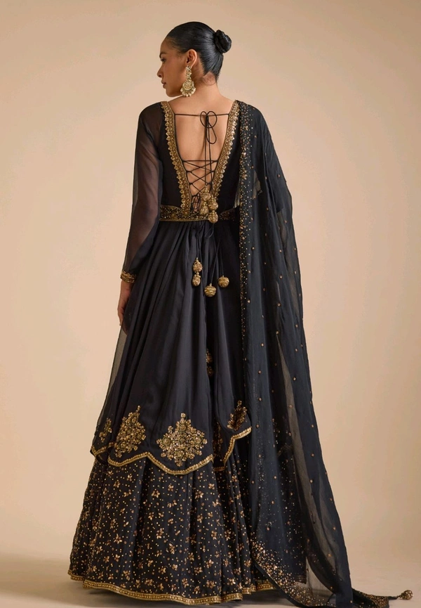 Black Georgette Embroidery Sequin Floral Embellished Layered Anarkali Set - Black, M