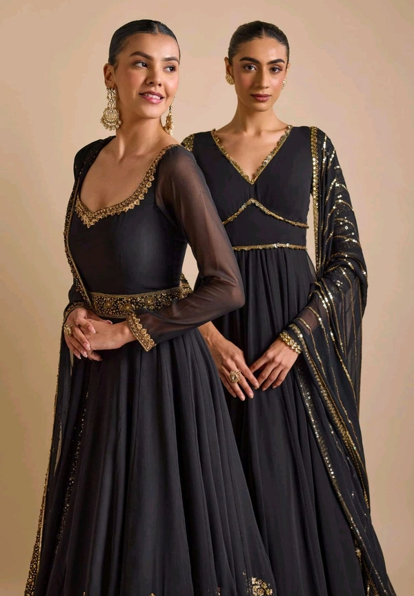 Black Georgette Embroidery Sequin Floral Embellished Layered Anarkali Set - Black, M