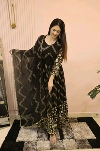 Peaceful Black Color Georgette Sequence Embroidery Gown - Black, M