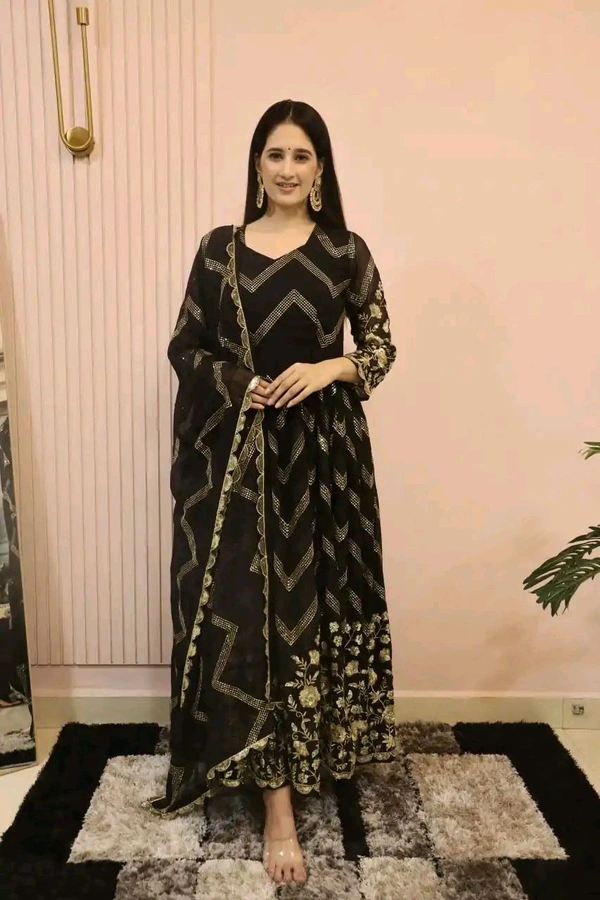 Peaceful Black Color Georgette Sequence Embroidery Gown - Black, XXL