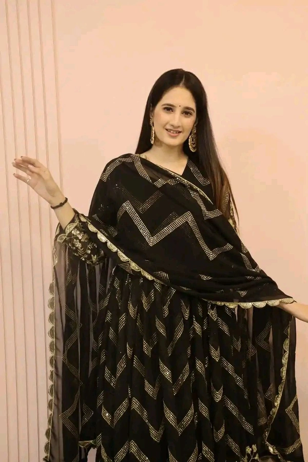Peaceful Black Color Georgette Sequence Embroidery Gown - Black, XXL