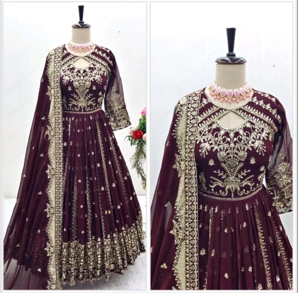 Designer Teal Blue Color Heavy Work Anarkali Gown - Tawny Port, M