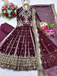 Designer Teal Blue Color Heavy Work Anarkali Gown - Tawny Port, M
