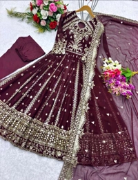 Designer Teal Blue Color Heavy Work Anarkali Gown - Tawny Port, M
