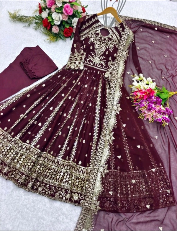 Designer Teal Blue Color Heavy Work Anarkali Gown - Tawny Port, M
