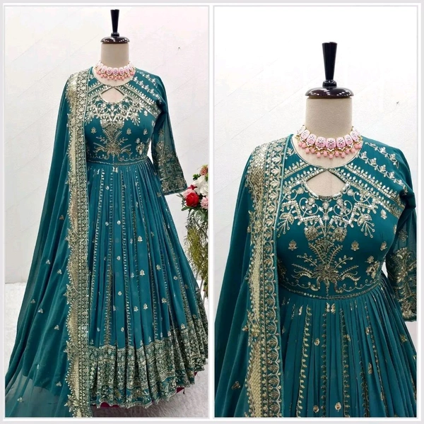 Designer Teal Blue Color Heavy Work Anarkali Gown - Surfie Green, XL
