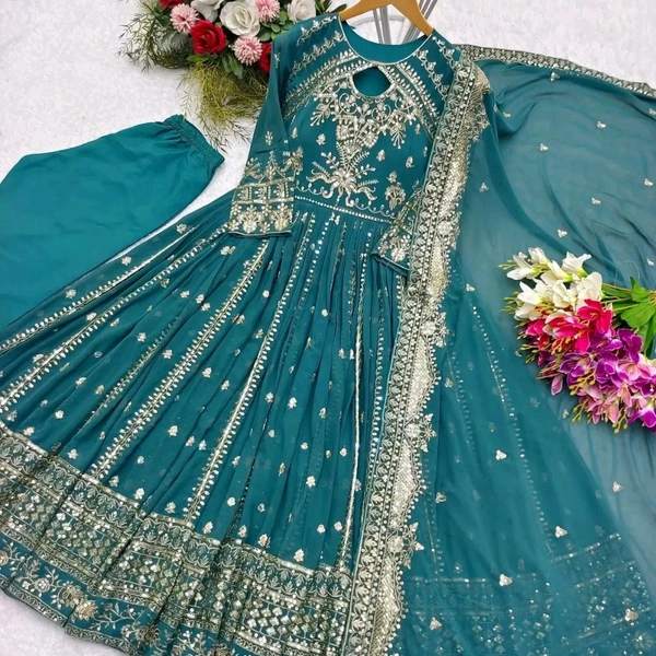 Designer Teal Blue Color Heavy Work Anarkali Gown - Surfie Green, XL