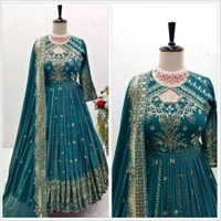Designer Teal Blue Color Heavy Work Anarkali Gown - Surfie Green, XL