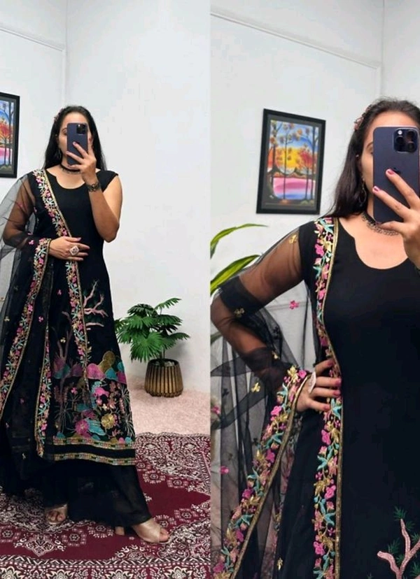 Stunning Kurta Lehenga Set with Embroidered Dupatta in Faux Georgette Fabric - Black, XL