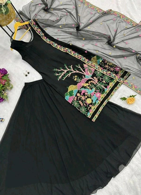 Stunning Kurta Lehenga Set with Embroidered Dupatta in Faux Georgette Fabric - Black, XL