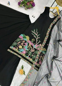 Stunning Kurta Lehenga Set with Embroidered Dupatta in Faux Georgette Fabric - Black, XL