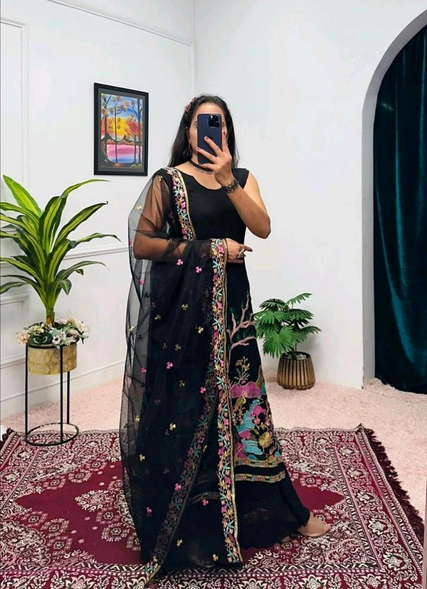 Stunning Kurta Lehenga Set with Embroidered Dupatta in Faux Georgette Fabric - Black, XXL