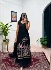 Stunning Kurta Lehenga Set with Embroidered Dupatta in Faux Georgette Fabric - Black, XXL