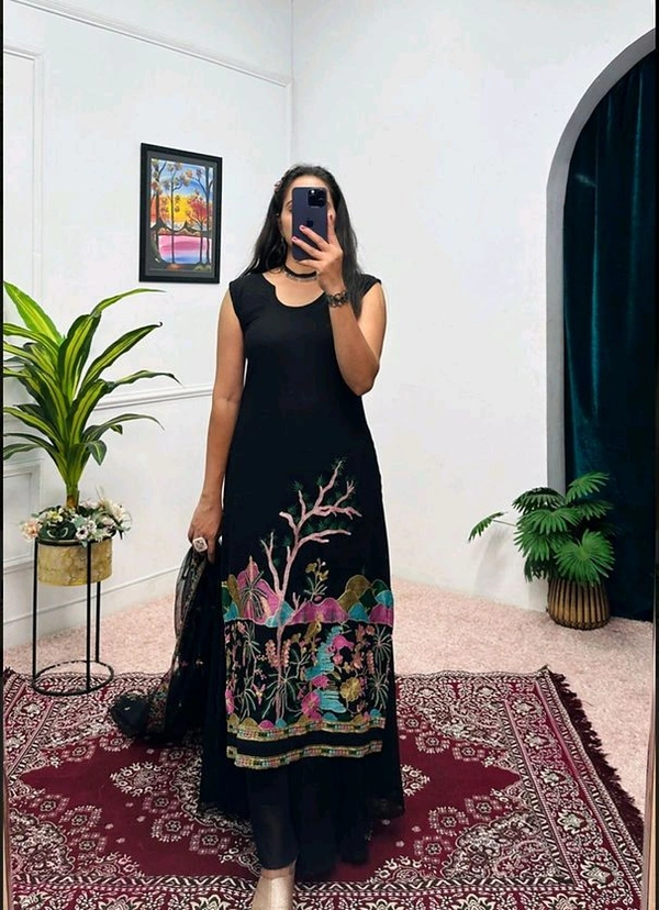Stunning Kurta Lehenga Set with Embroidered Dupatta in Faux Georgette Fabric - Black, XXL