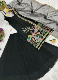 Stunning Kurta Lehenga Set with Embroidered Dupatta in Faux Georgette Fabric - Black, XXL