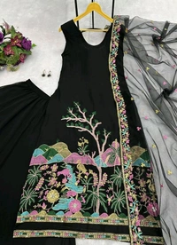 Stunning Kurta Lehenga Set with Embroidered Dupatta in Faux Georgette Fabric - Black, XXL