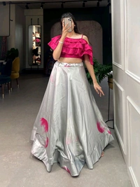 Mesmerizing Grey Zari Satin Printed Co-Ord Lehenga Set With Fancy Blouse - Cerise Red, L