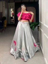 Mesmerizing Grey Zari Satin Printed Co-Ord Lehenga Set With Fancy Blouse - Cerise Red, L