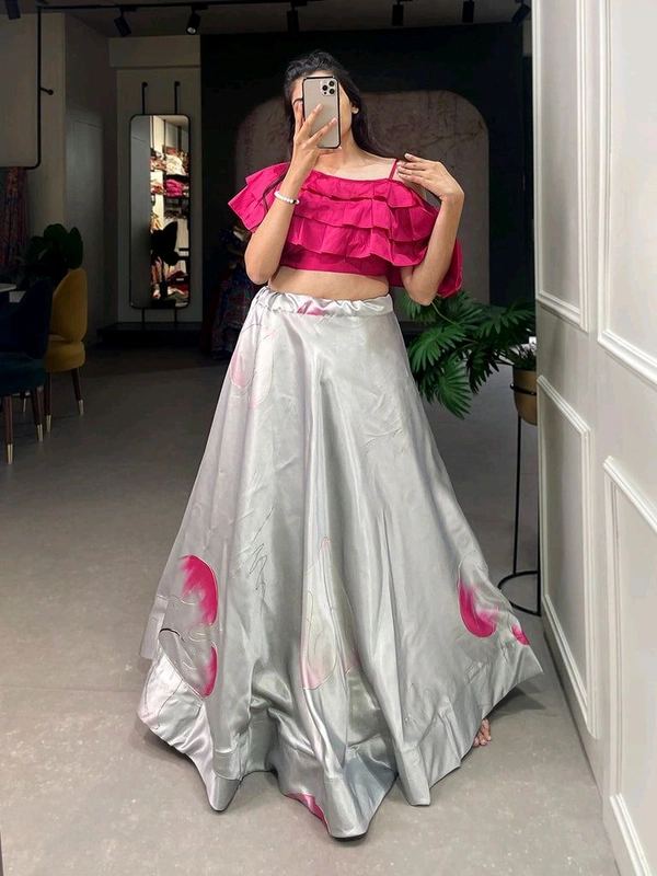 Mesmerizing Grey Zari Satin Printed Co-Ord Lehenga Set With Fancy Blouse - Cerise Red, L