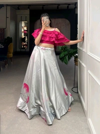 Mesmerizing Grey Zari Satin Printed Co-Ord Lehenga Set With Fancy Blouse - Cerise Red, L