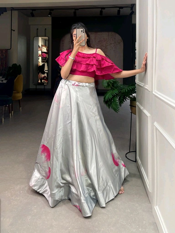 Mesmerizing Grey Zari Satin Printed Co-Ord Lehenga Set With Fancy Blouse - Cerise Red, L