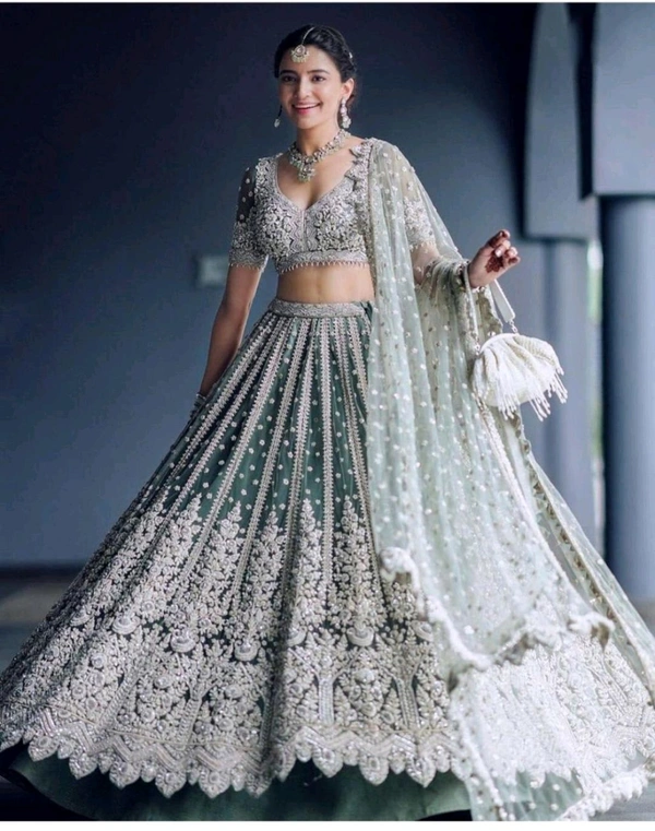 Embroidered Semi Stitched Lehenga Choli(Light Green, Silver) - Free Size