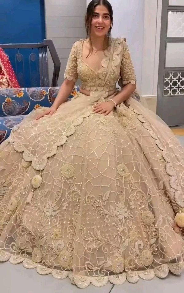 White Faux Georgette Lehenga Choli For Bride - Tan, Free Size