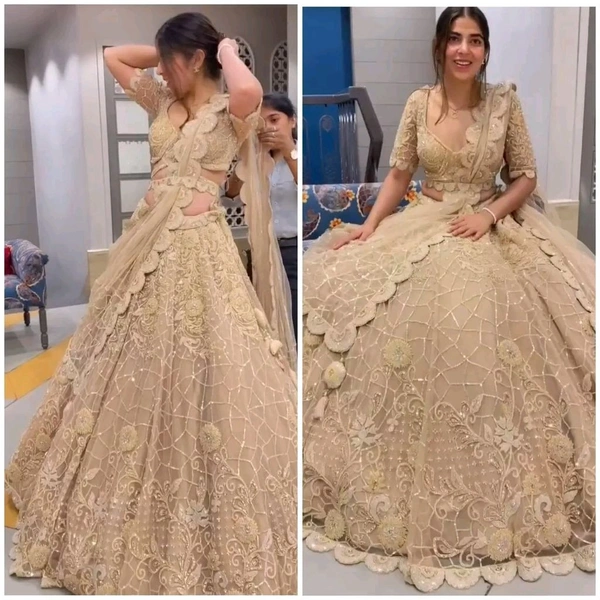 White Faux Georgette Lehenga Choli For Bride - Tan, Free Size