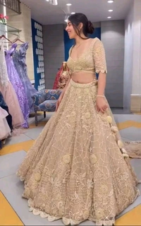 White Faux Georgette Lehenga Choli For Bride - Tan, Free Size