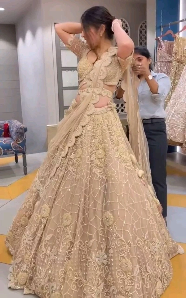White Faux Georgette Lehenga Choli For Bride - Tan, Free Size