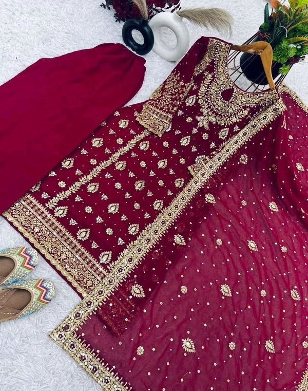 Glowing Red Color Faux Georgette With Embroidery Sequence Work Salwar Suit - Buccaneer, XXL