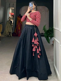 Black Color Cotton Plain Co-ord Set Lehenga Choli - Black, L