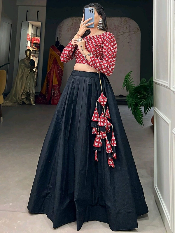 Black Color Cotton Plain Co-ord Set Lehenga Choli - Black, L
