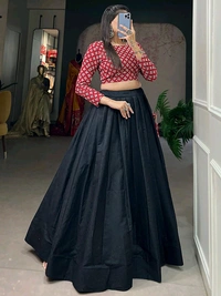 Black Color Cotton Plain Co-ord Set Lehenga Choli - Black, M