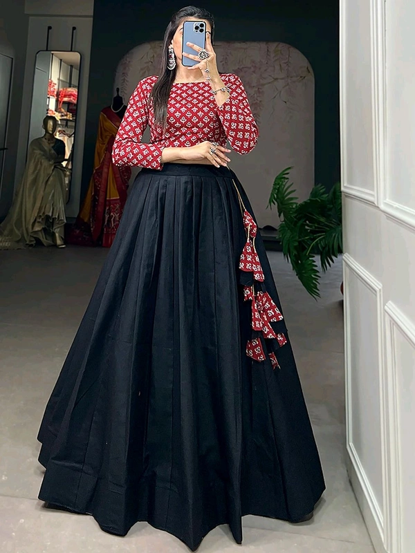 Black Color Cotton Plain Co-ord Set Lehenga Choli - Black, S