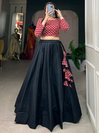 Black Color Cotton Plain Co-ord Set Lehenga Choli - Black, S