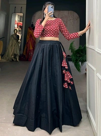 Black Color Cotton Plain Co-ord Set Lehenga Choli - Black, XXXL